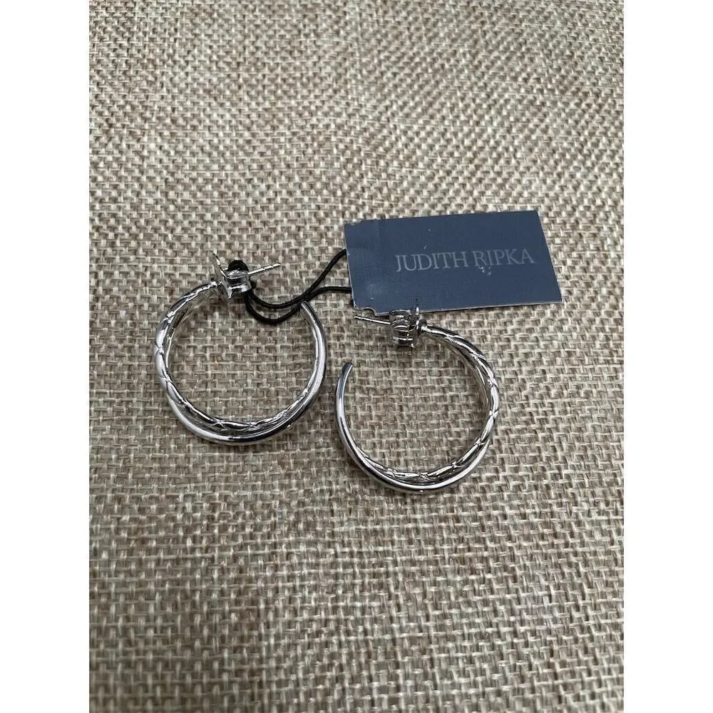 New Judith Ripka Sterling Silver Twisted Hoop Earrings Secure Lock Back Gift